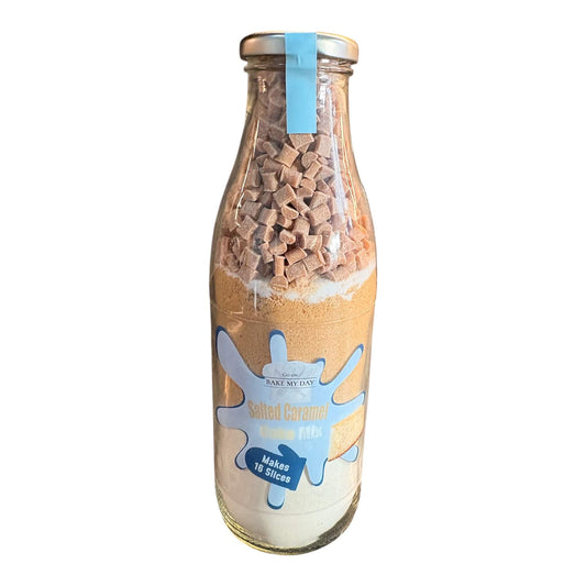 Salted Caramel Cake Baking Mix Bottle with pre-measured dry ingredients in a glass jar