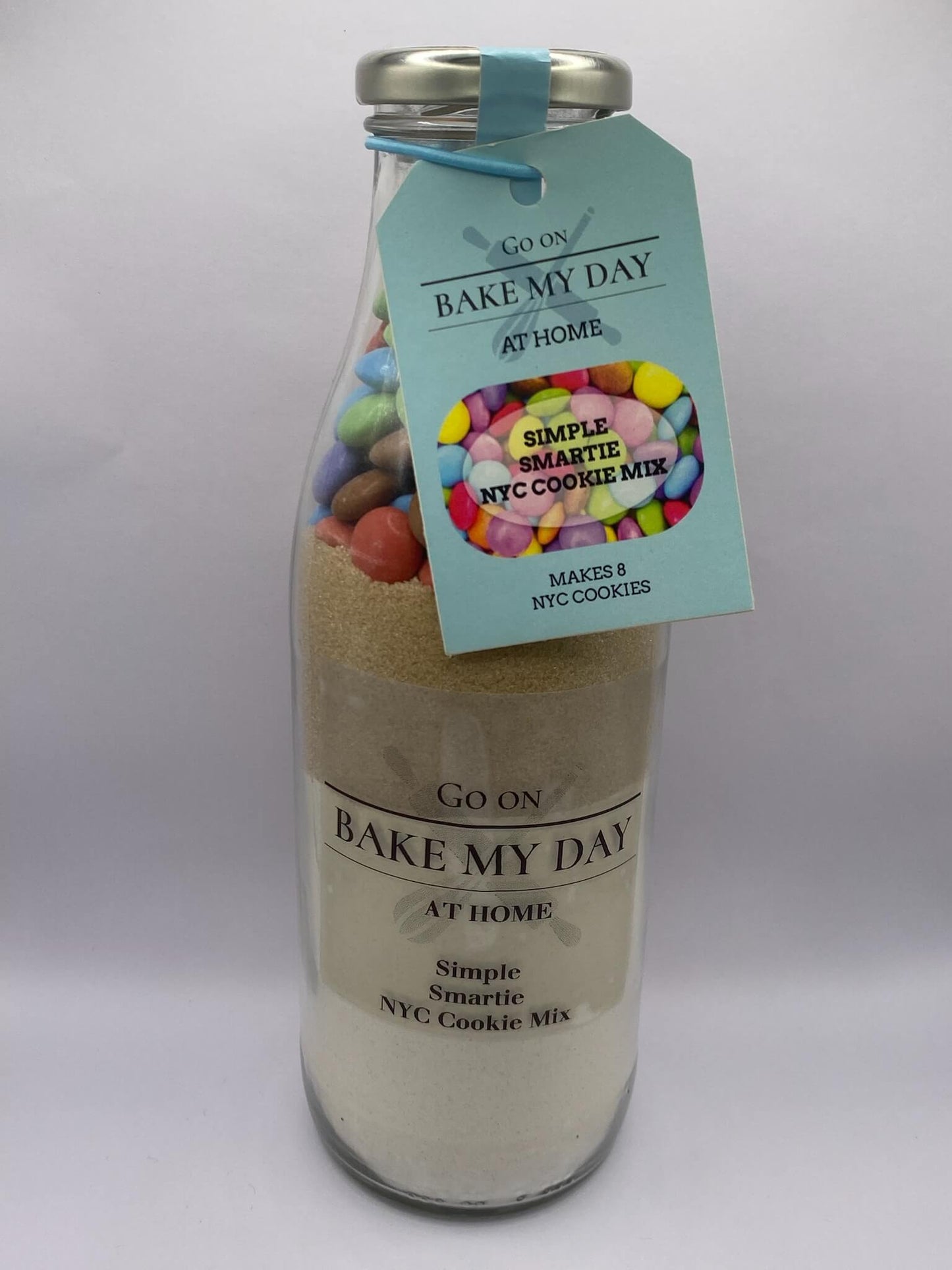 Bake My Day Smartie Wholesale Cookie Baking Mix – bottled mix for retailers, easy bake-at-home cookie mix with Smarties, perfect for stores, online sales, and gift packs.