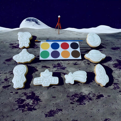 Space Paint Your Own Cookie Set – galaxy and space-themed iced biscuits with edible paint palette and brush, fun and creative kids’ baking activity or party treat.
