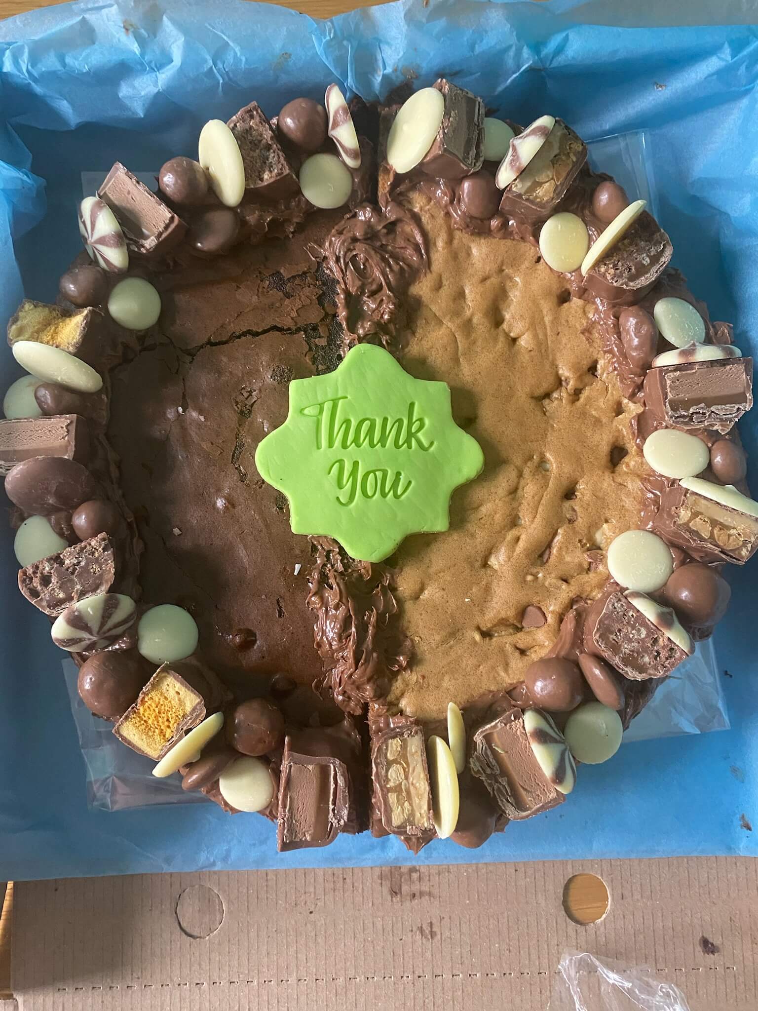 Bake My Day Celebration Brookie – personalised Teacher Thank You brookie, half cookie and half brownie, decorated with sweets and chocolates, ideal for teacher appreciation gifts, classroom celebrations, and custom treats.