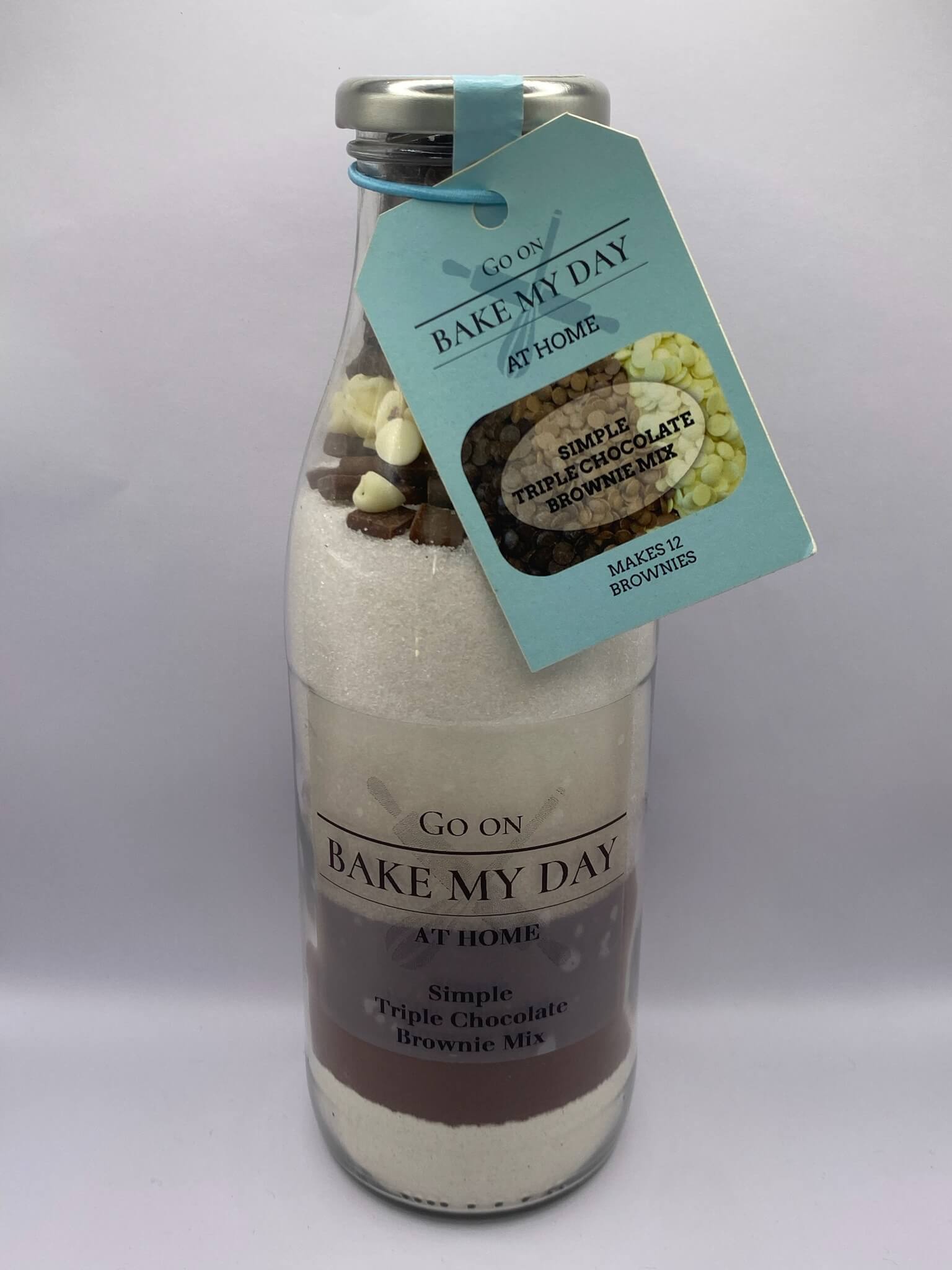 Triple Chocolate Brownie Baking Mix Bottle – bake-at-home jar kit UK with pre-measured ingredients to make 12 rich, fudgy homemade brownies in a 9” x 9” tray
