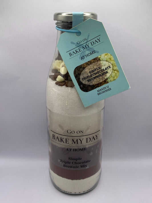 Triple Chocolate Brownie Baking Mix Bottle – bake-at-home jar kit UK with pre-measured ingredients to make 12 rich, fudgy homemade brownies in a 9” x 9” tray