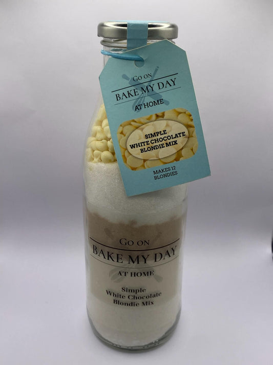 White Chocolate Blondie Baking Mix Bottle – bake-at-home jar kit UK with pre-measured ingredients to make 12 soft, chewy homemade White Chocolate blondies in a 9” x 9” tray