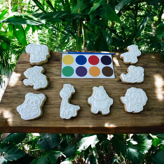 Zoo Animals Paint Your Own Cookie Set – fun kids’ baking activity with animal-shaped iced biscuits, edible paint palette and brush, perfect for parties and creative treats.